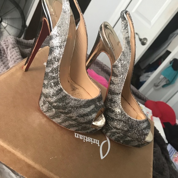 Christian Louboutin Sz 37 Lady Peep Glitter Heels - Picture 4 of 5